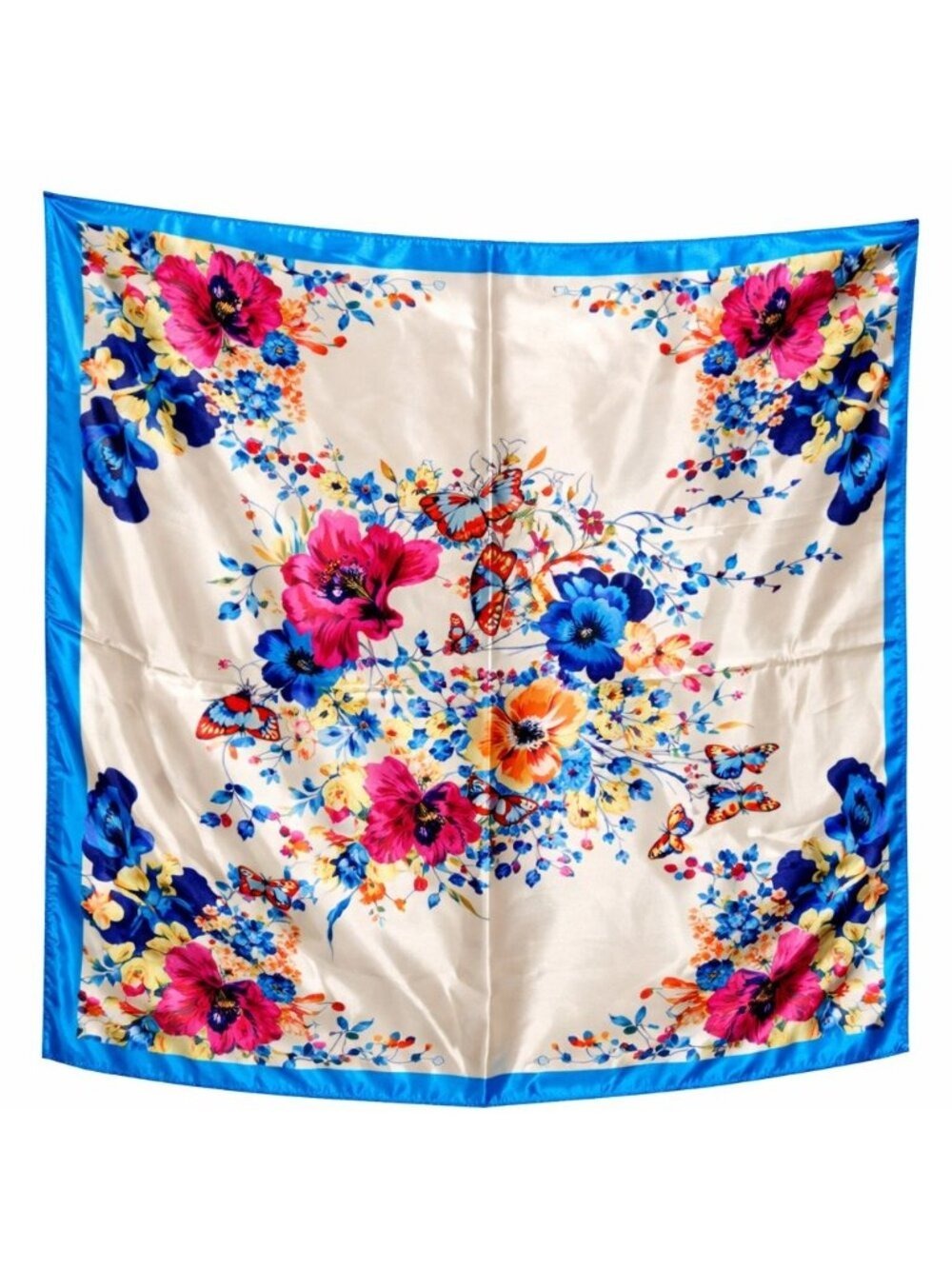 Blue Floral Butterfly Satin Scarf 20x20 Neck Hair Head Wrap Accessory